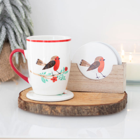 Winter Robin Coasters With Matching Holder Set